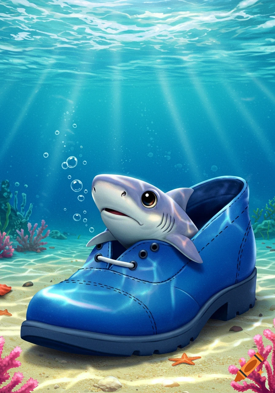 A cute illustrated baby shark peeks out of a blue shoe on the sandy ocean floor, surrounded by coral and starfish.