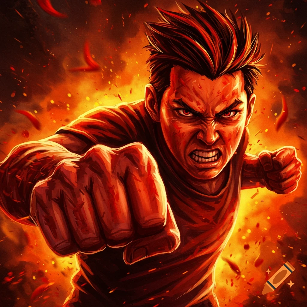Dynamic chili art illustration of an angry person with a clenched fist and fiery red eyes against a blazing background.