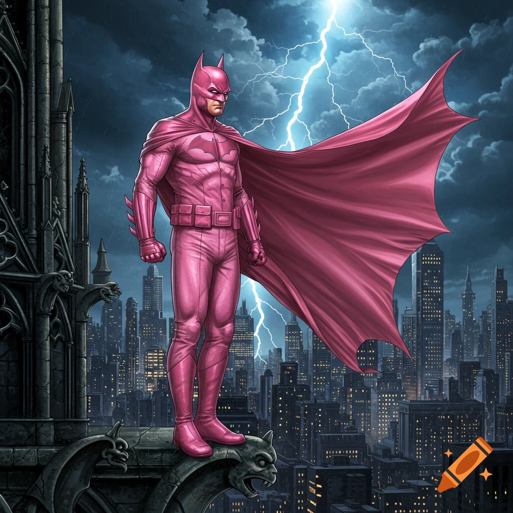 A pink-suited Batman stands on a gothic building's gargoyle, overlooking a sprawling city under a lightning-filled night sky, in a comic book art style.