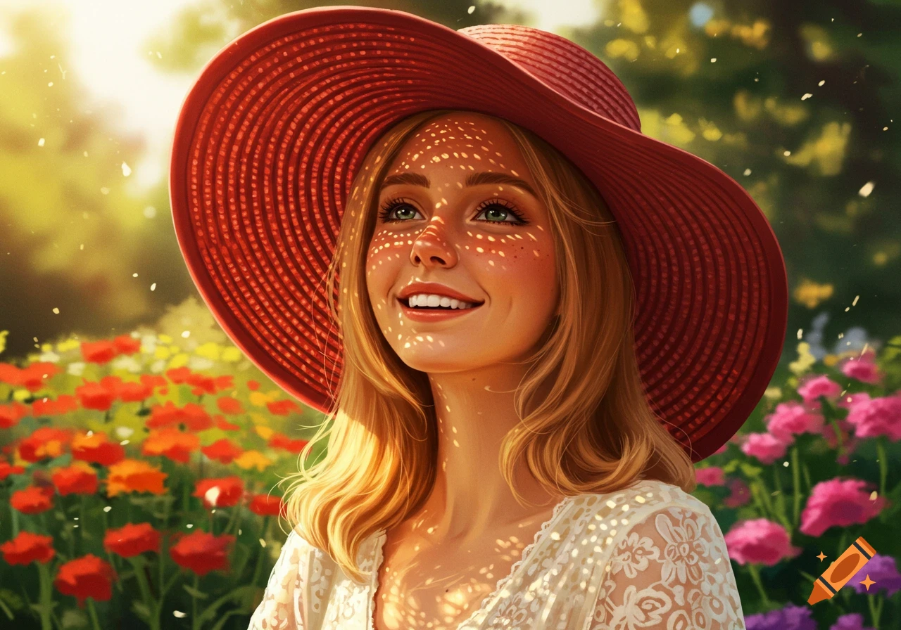 Illustrative portrait of a smiling woman in a red hat, with dappled sunlight on her face, in a vibrant flower field.