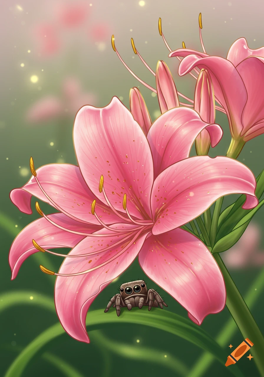 A cute, detailed cartoon of a pink lily flower with a small, adorable jumping spider resting at its base.