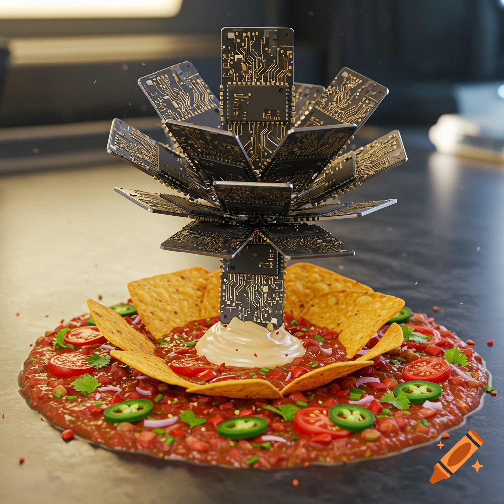 A photorealistic image of a computer chip flower emerging from a bowl of salsa and tortilla chips, with a dollop of sour cream at its base.