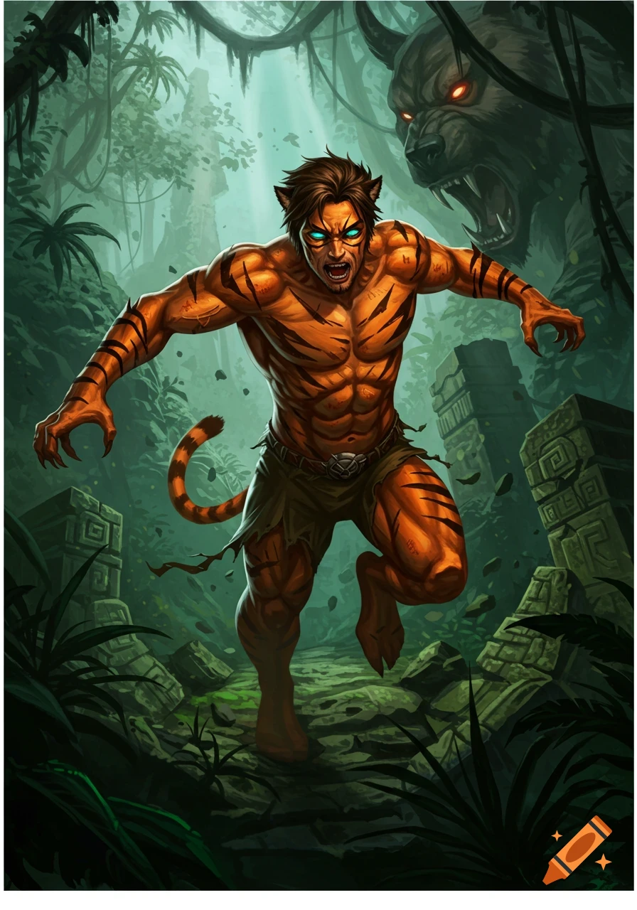 Muscular tiger-man superhero flees a monstrous demon bear in deep jungle ruins, depicted in a vibrant comic art style.