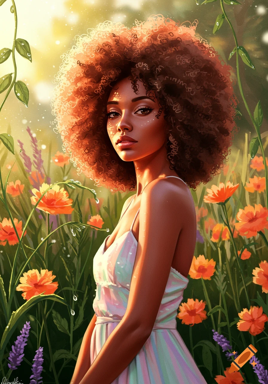 Stylized portrait of a woman with a large afro in a sunlit field of orange and purple flowers.