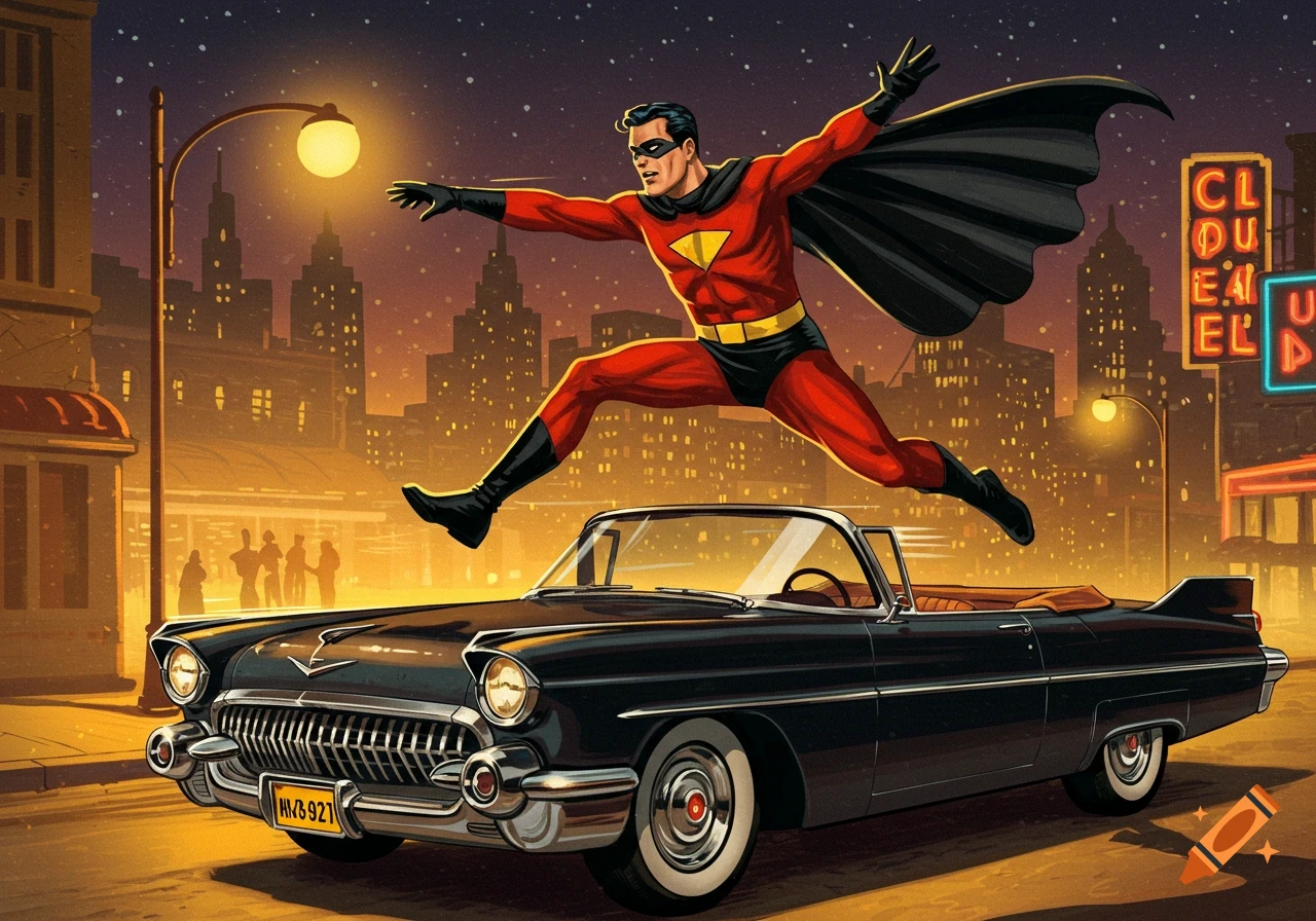 A superhero in a red and black suit and cape leaps over a black vintage convertible car on a city street at night, 1950s comic book style.