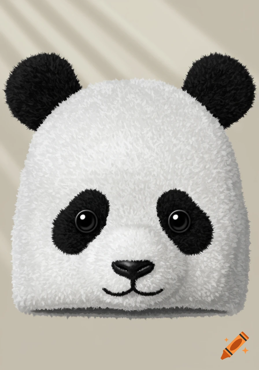 Close-up of a cute, fluffy white panda face with black eye patches and ears, stylized like a beanie, against a light background.