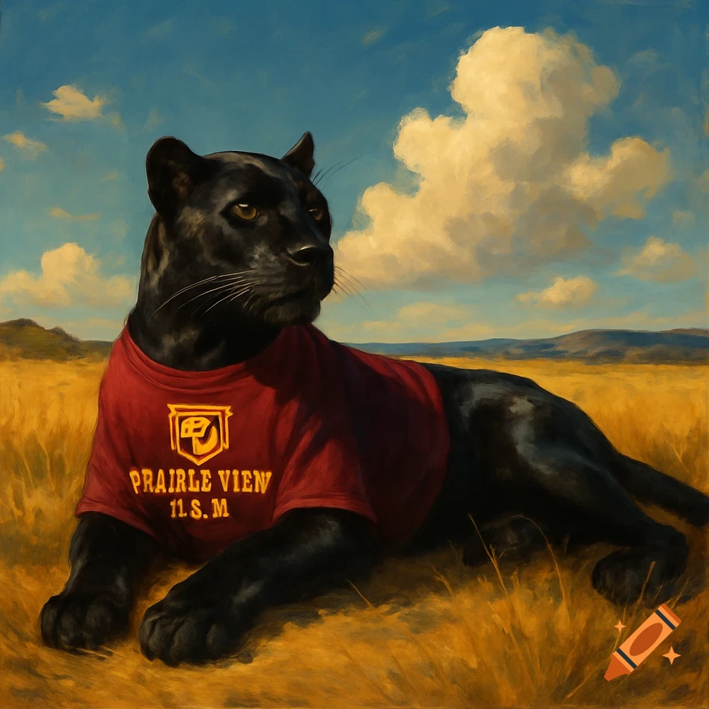 A black panther wearing a red t-shirt with a logo and text, lying in a golden grassy field under a blue sky with clouds. Painted style.