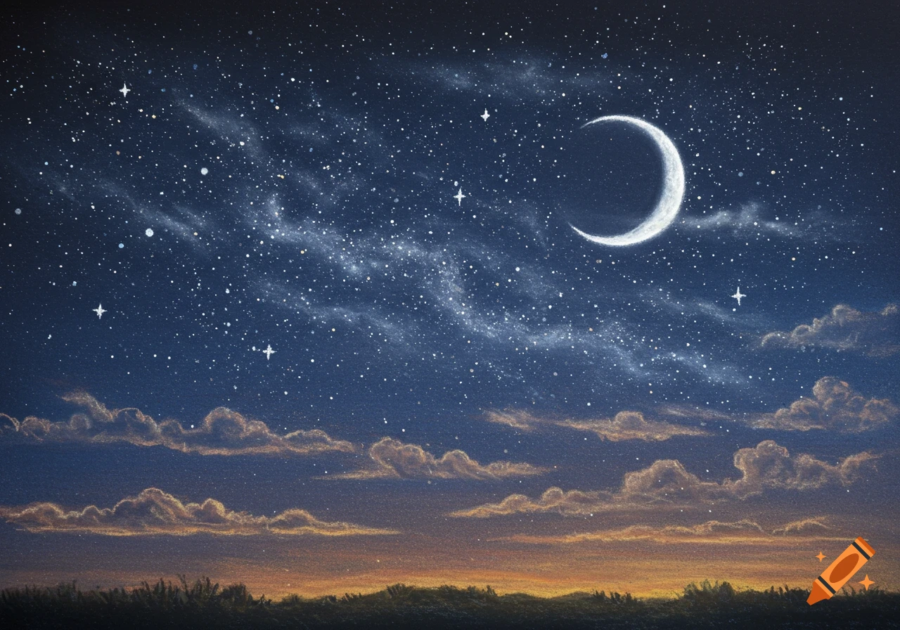 Chalk drawing of a dark blue night sky with a bright crescent moon, countless stars, and glowing clouds over a dark horizon.