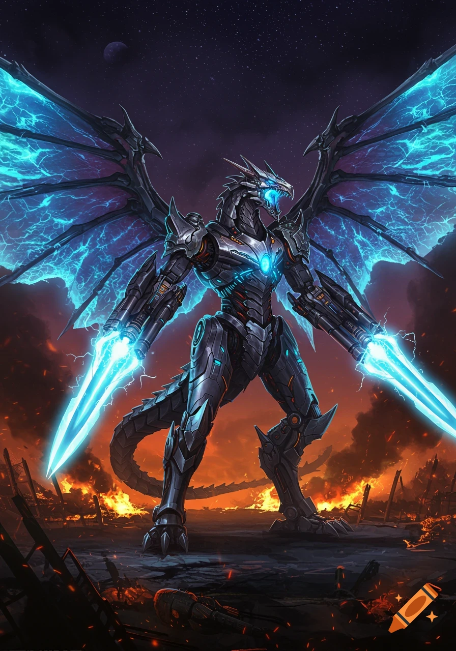 A majestic black and silver mechanical dragon with glowing blue energy wings and energy blades stands in a fiery, war-torn landscape.