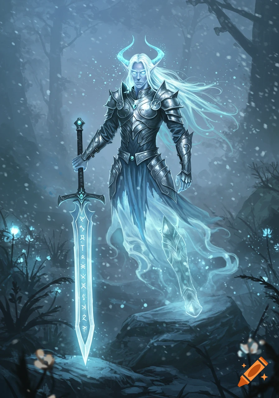 A blue-skinned ghost-elf warrior in armor stands in a snowy, misty forest, holding a glowing runic two-handed sword.