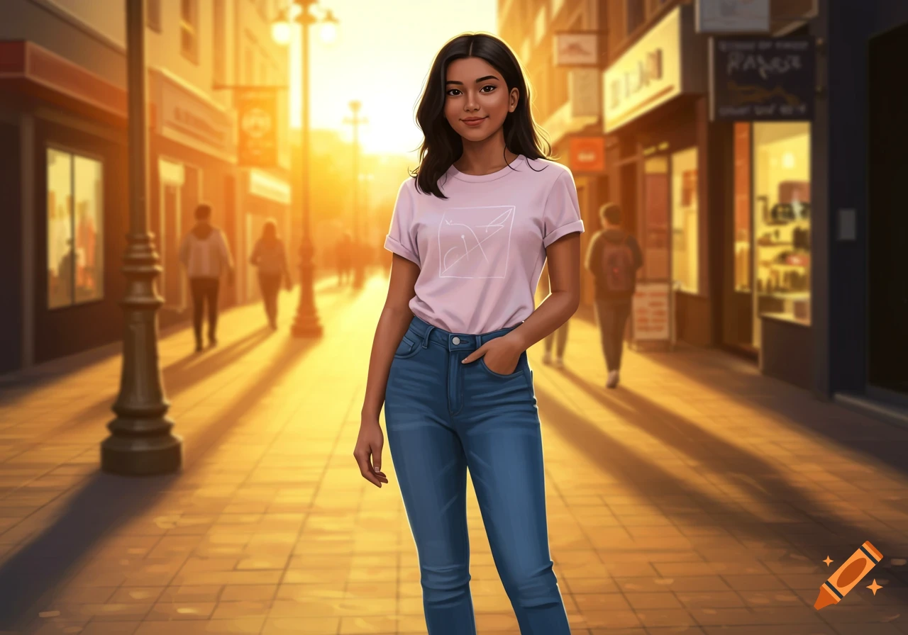 Young woman with dark hair, wearing a light pink t-shirt and blue jeans, stands on a sunlit urban street.