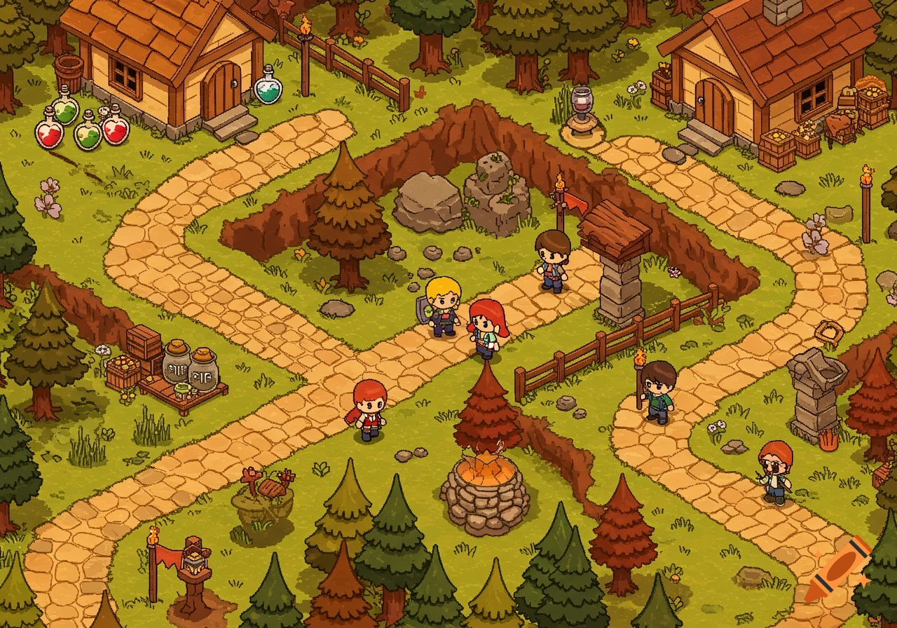 Isometric 2D fantasy RPG map with cartoon characters, houses, trees, and stone paths.