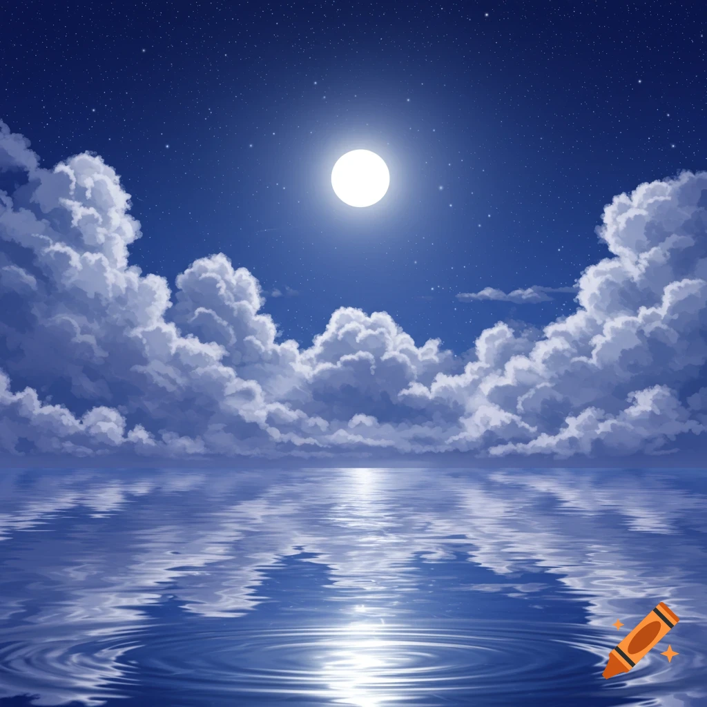 A full moon illuminates a starry night sky with fluffy clouds, reflected on a calm body of water.