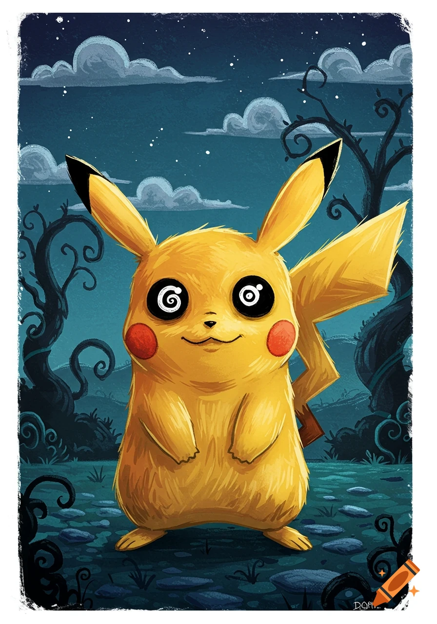 A yellow Pikachu with black swirly eyes stands in a dark, eerie forest at night, illustrated in a Tim Burton style.