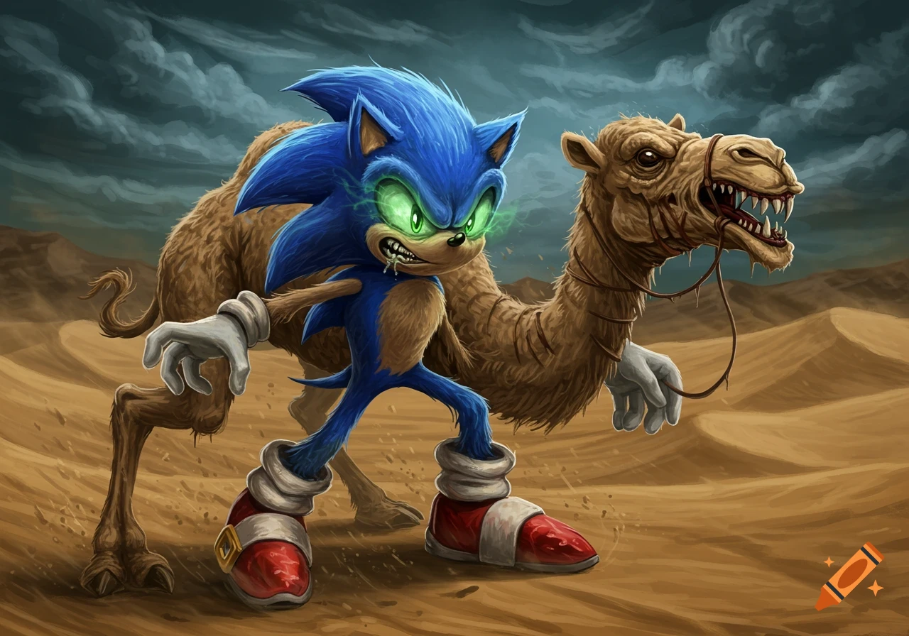 Evil Sonic with glowing green eyes stands in a desert with a monstrous, toothy camel under a stormy sky, digital art.