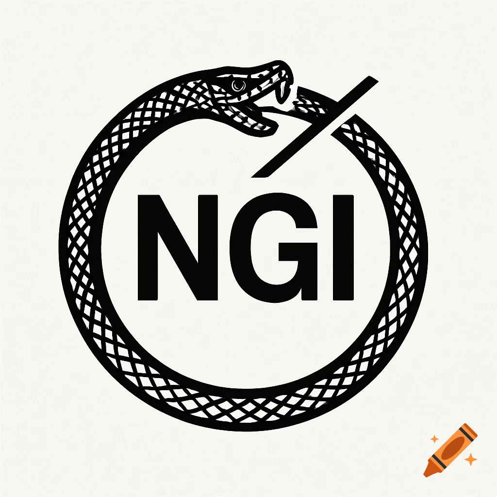 Black and white logo of an ouroboros snake broken by a diagonal line, with the letters NGI inside.