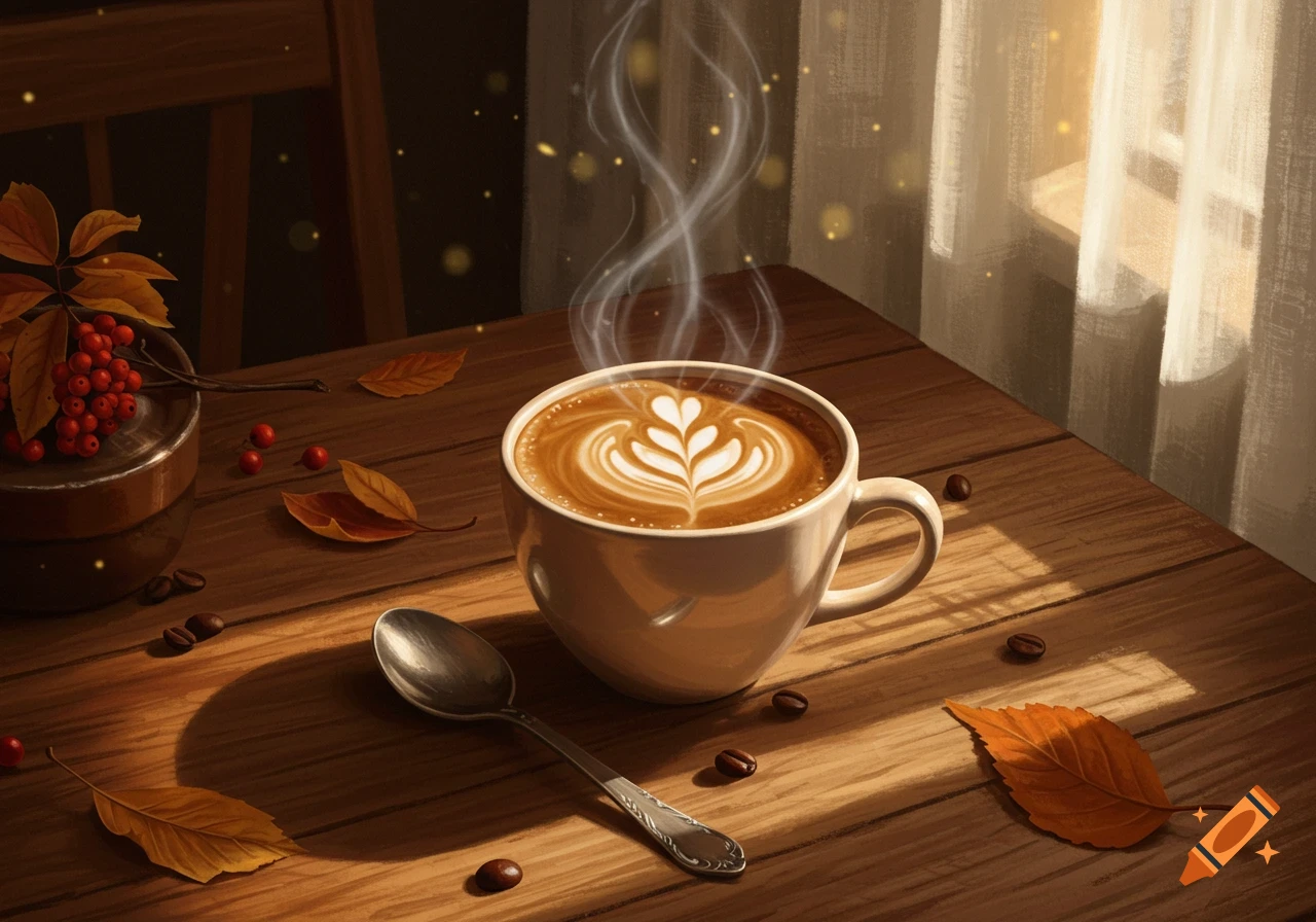 A steaming cup of coffee with latte art on a wooden table with autumn leaves, coffee beans, and a spoon, bathed in warm sunlight.