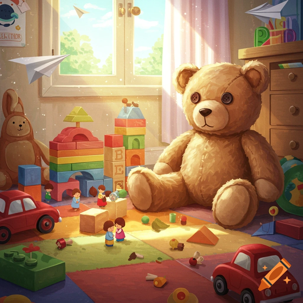 Sunlit child's room with a large teddy bear, toy cars, colorful building blocks, and small figures playing, in an illustrative style.