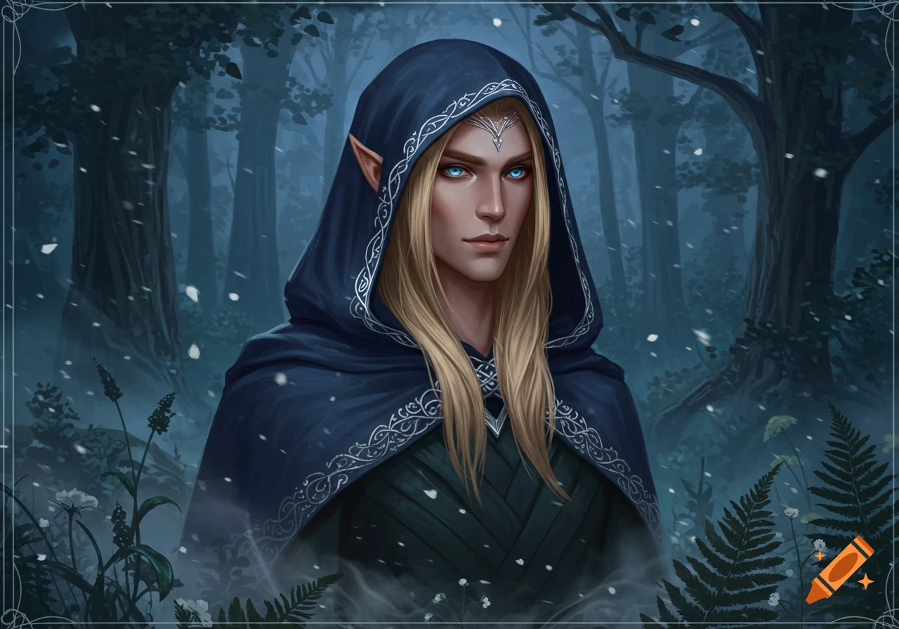 A blonde elf with striking blue eyes wears a dark hooded cloak with silver patterns, set against a snowy forest. Digital art.