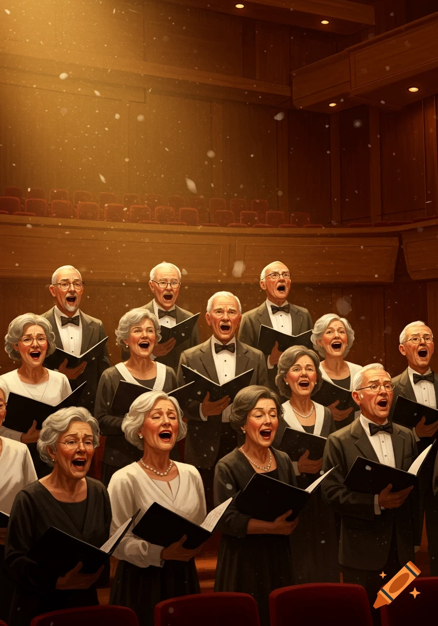 A diverse choir of older men and women singing enthusiastically in an auditorium under a spotlight.