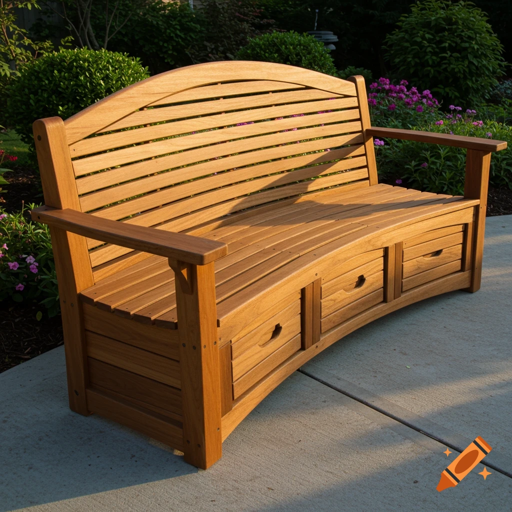 A curved wooden slatted bench with three storage drawers sits on a concrete patio amidst green bushes and flowers.