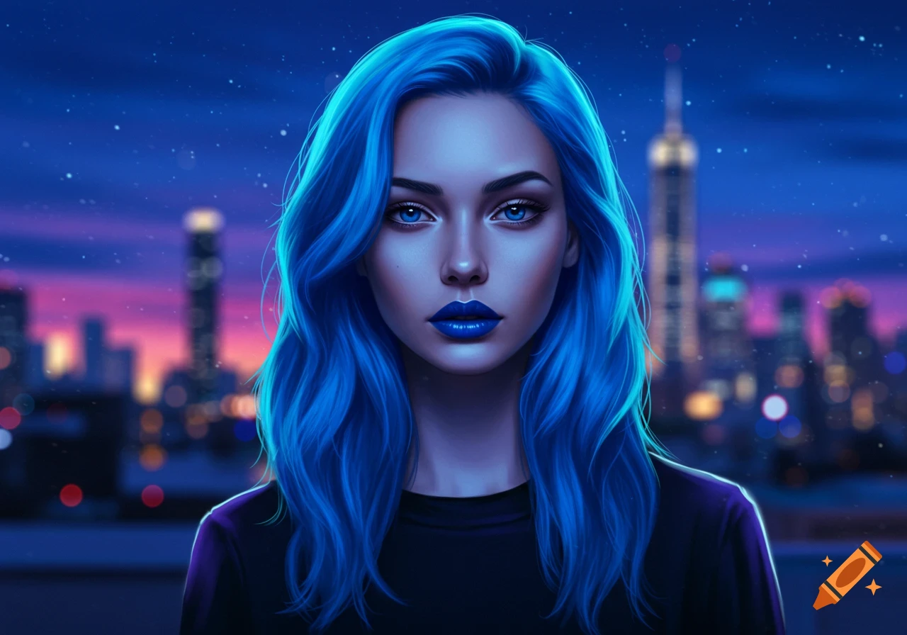 A digitally painted portrait of a woman with vibrant blue hair and blue lipstick, against a blurred night cityscape background.