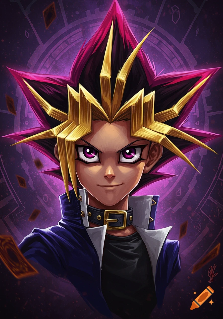 A stylized anime portrait of Yugi Moto with spiky gold and magenta hair, purple eyes, and a choker, against a magical purple background.