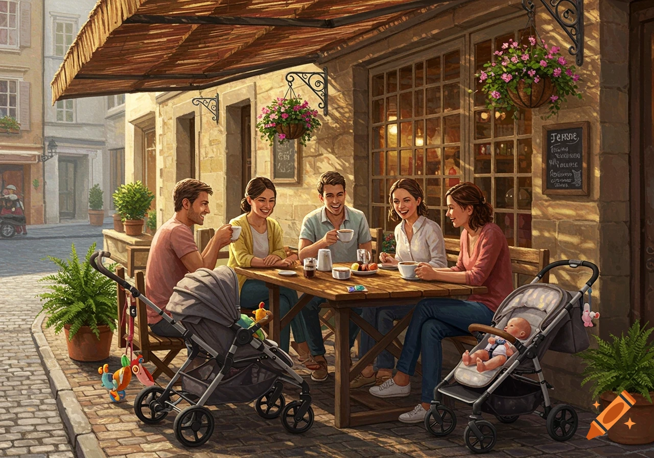 A group of parents with strollers enjoy coffee at a sunny outdoor cafe. Painterly style.