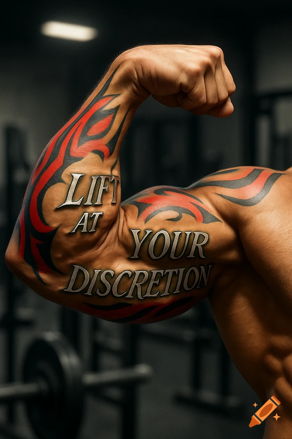 A muscular arm flexing, covered in red and black tribal tattoos with the phrase 'LIFT AT YOUR DISCRETION' embossed on the bicep.