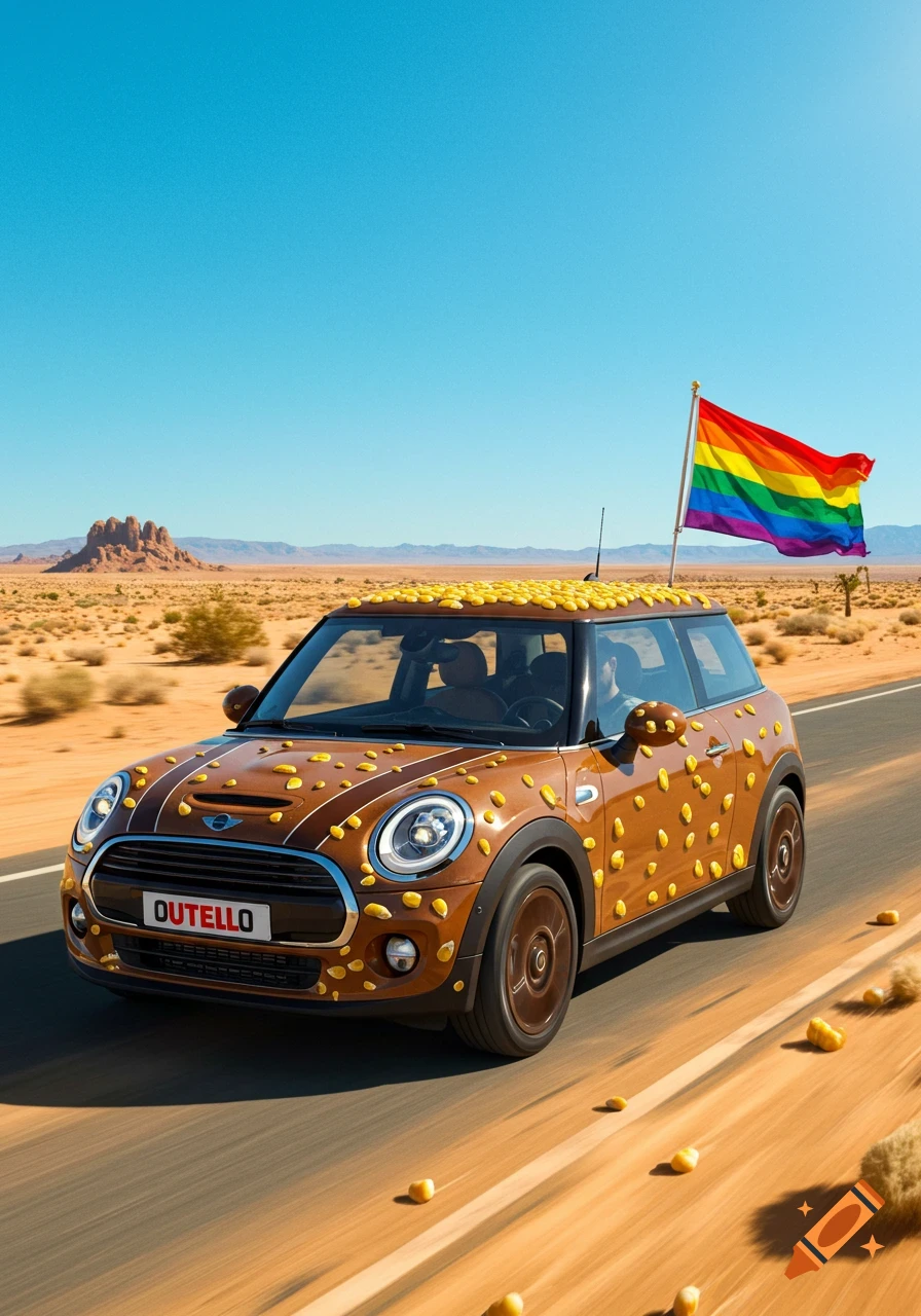 A Mini Cooper car, brown and covered in yellow corn kernels and a drizzle of chocolate, drives on a desert road under a clear blue sky. A rainbow pride flag flies from its roof. The car's license plate reads "OUTELLO".