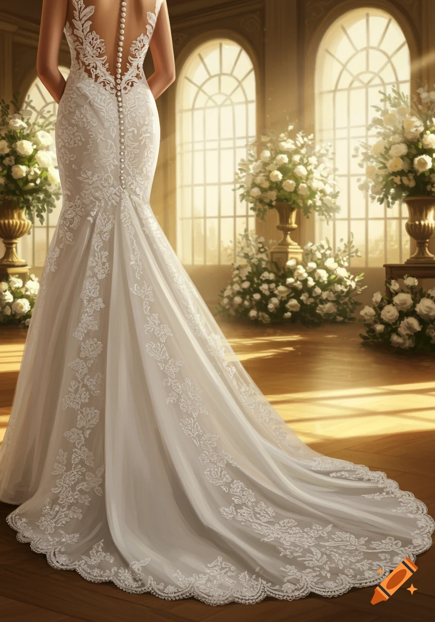 Back of a bride in a white lace wedding dress with a long train, in a grand hall with arched windows and white flowers.
