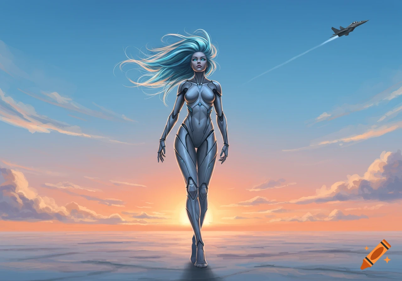 A blue-haired robotic woman in a grey suit walks on a reflective surface under a sunset sky with a fighter jet flying in the distance.