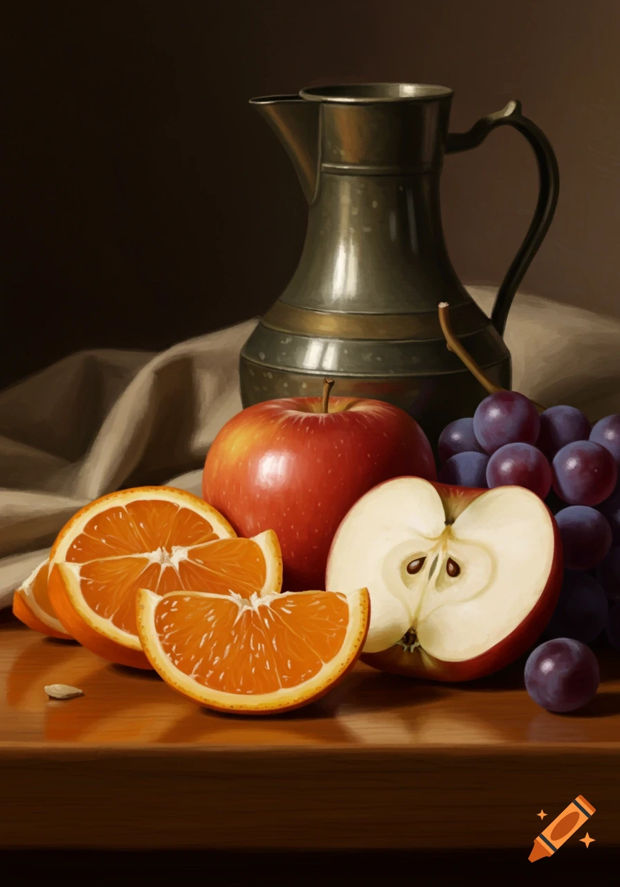 A painterly still life of a metal pitcher, a whole apple, a half-sliced apple, sliced oranges, and a bunch of purple grapes on a wooden table.
