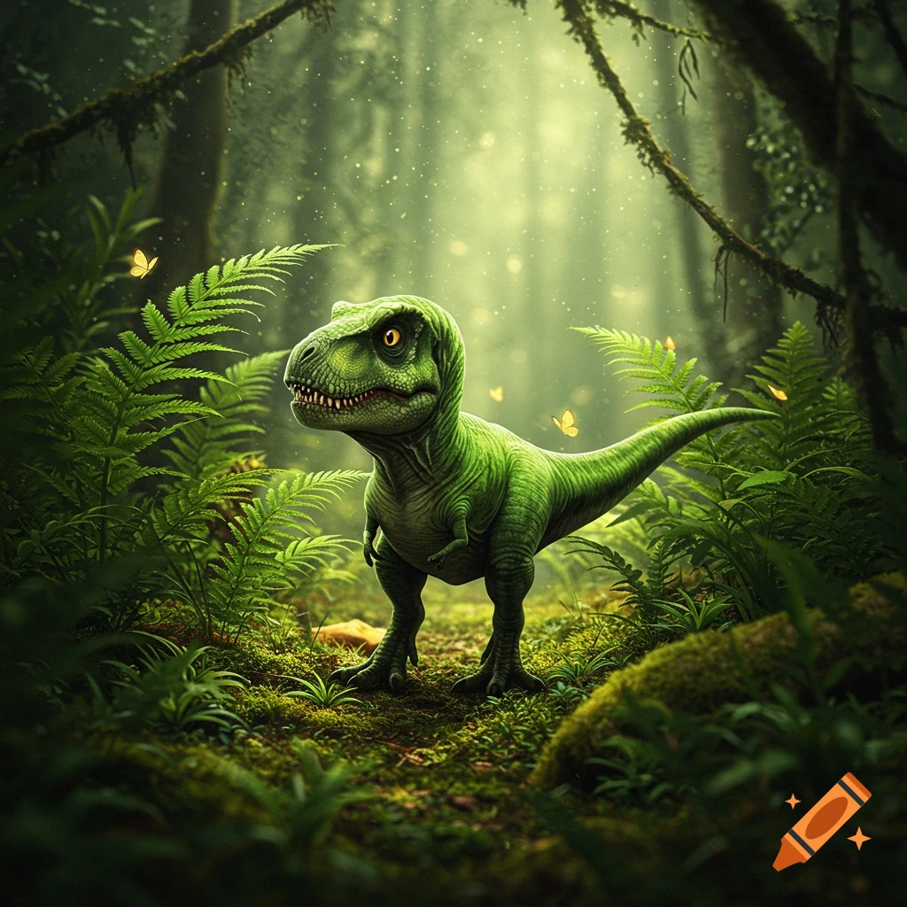 A small, green T-Rex with large eyes stands among ferns in a sun-dappled, lush jungle.