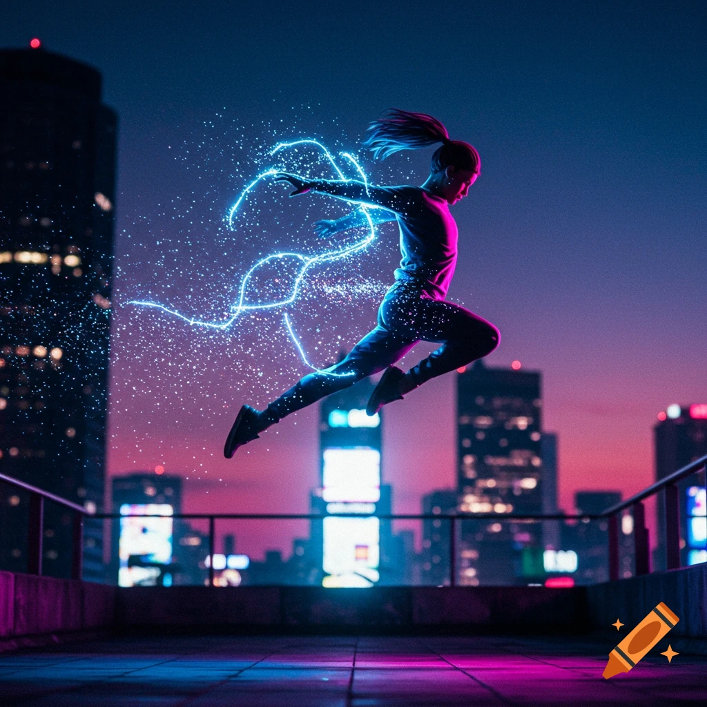 Person leaping in the air on a city rooftop at dusk, with glowing blue and pink neon trails and sparks, city skyline in background.