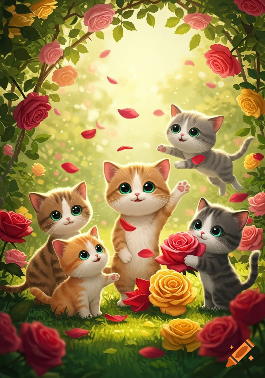 Five adorable cartoon cats in a vibrant rose garden. One holds a red rose, another waves, surrounded by colorful petals.
