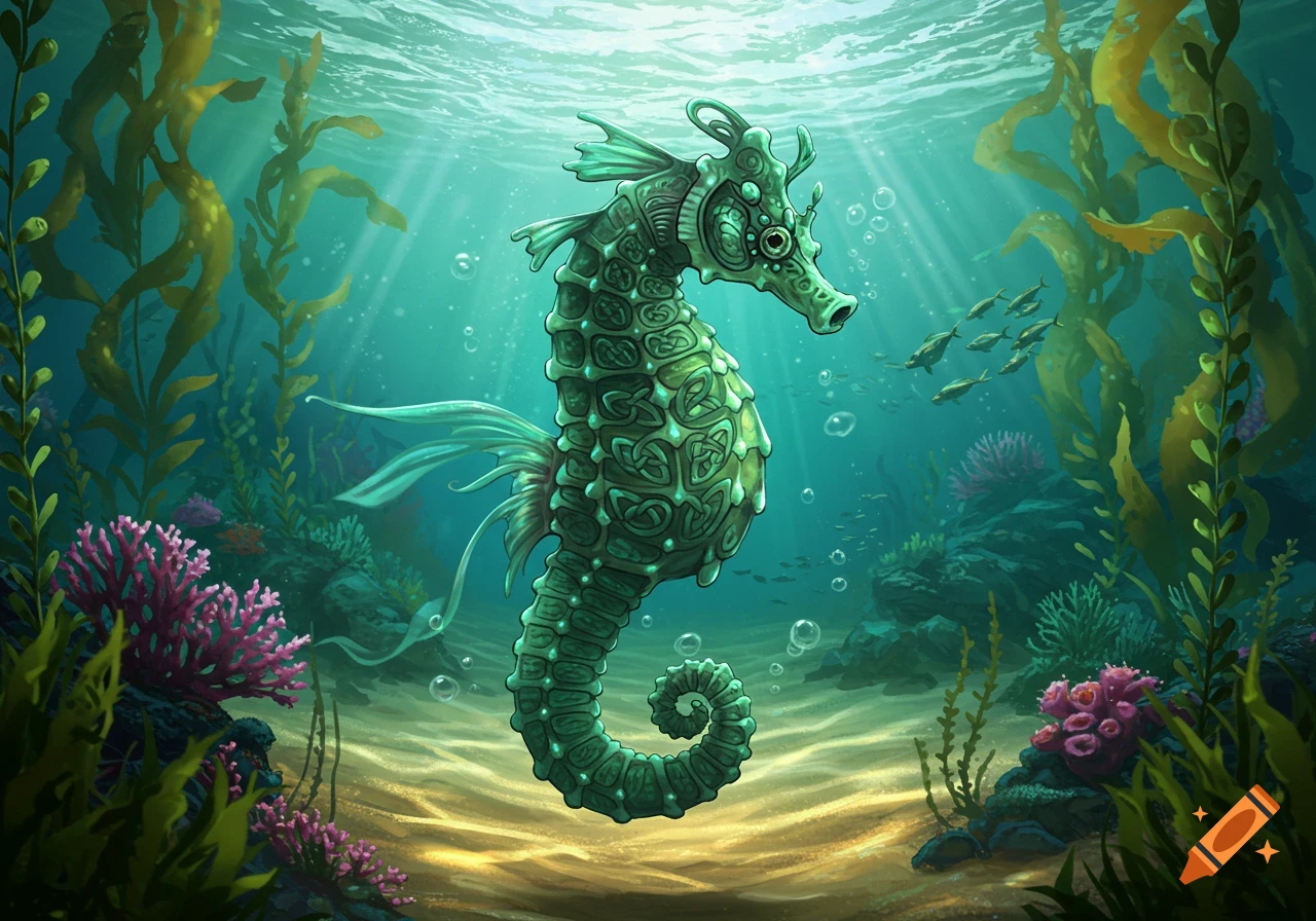 A stylized green seahorse with intricate Celtic knot patterns swims in a vibrant underwater scene with kelp and coral.