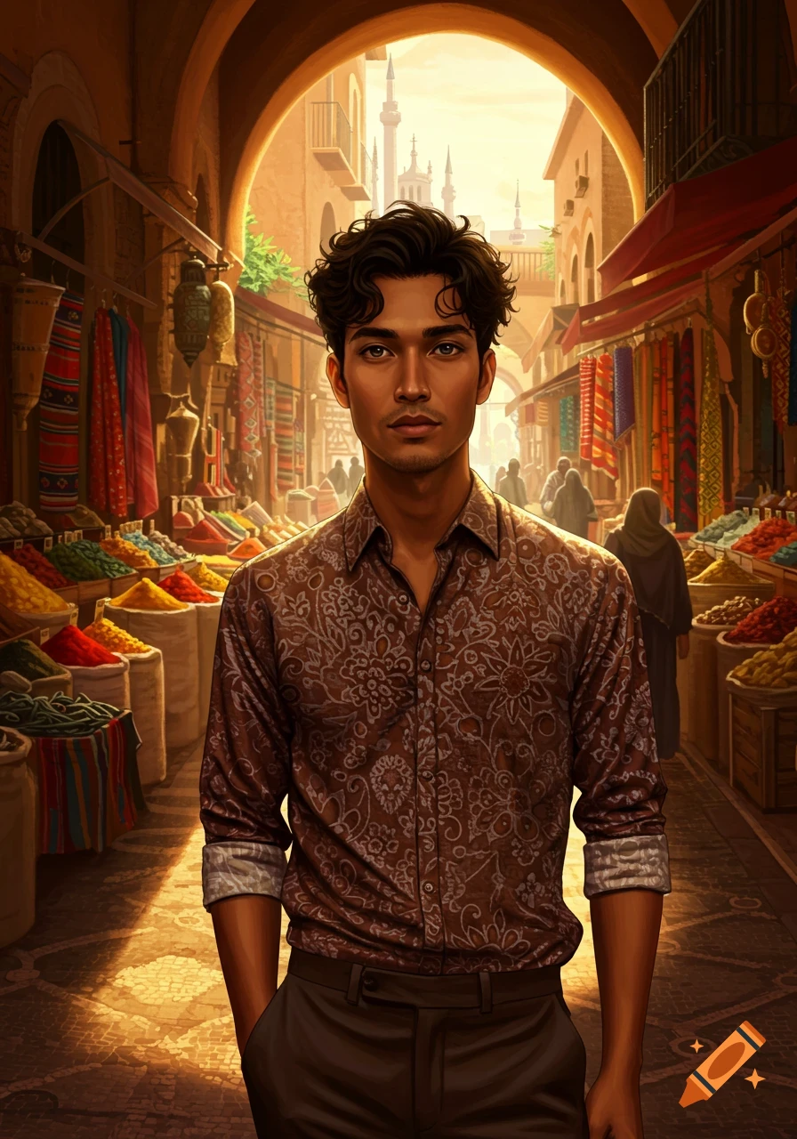 A portrait of a young man with dark curly hair in a brown patterned shirt, standing in a vibrant, sunlit Middle Eastern market.