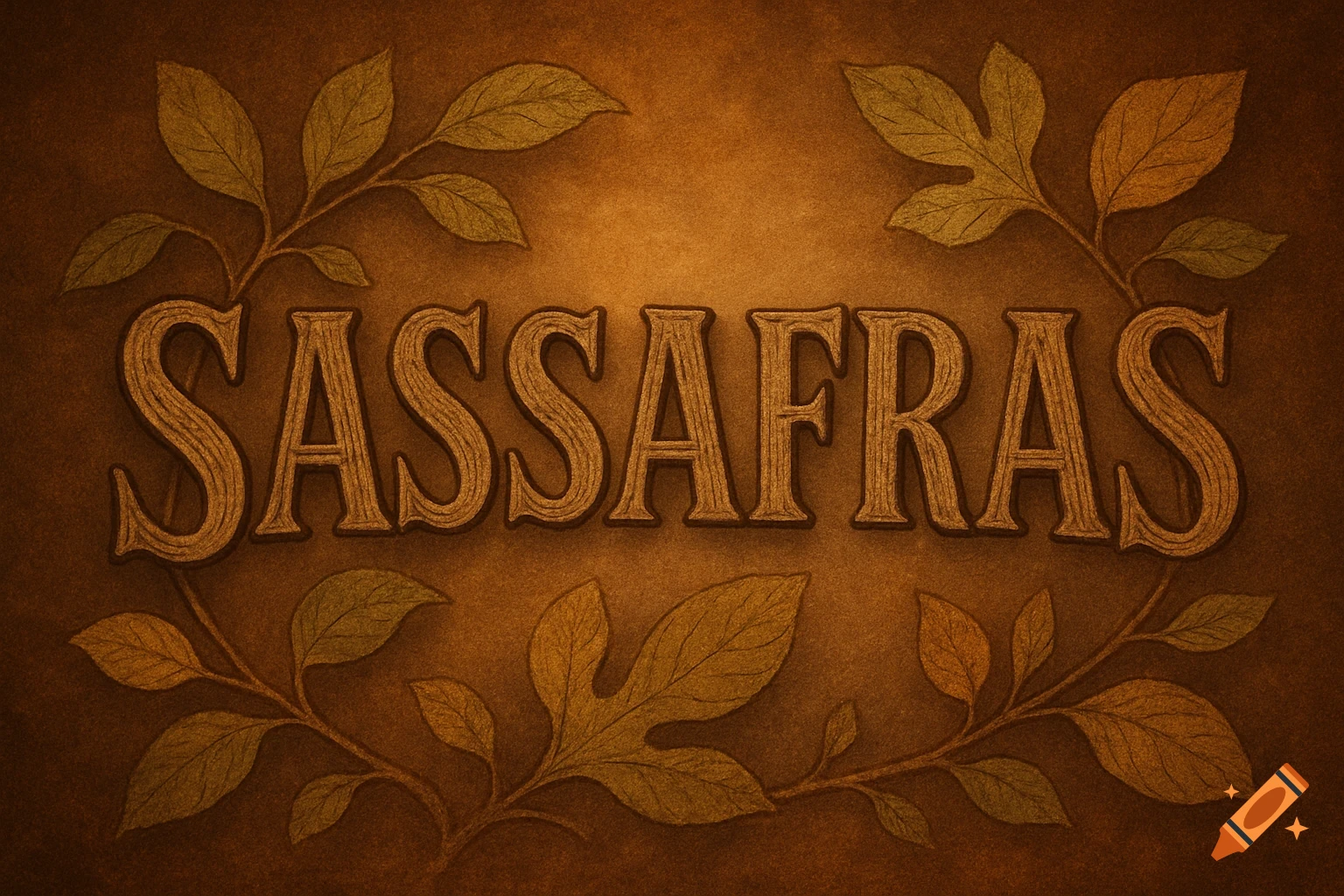 The word SASSASFRAS in a rustic, textured font, surrounded by leafy vines on a brown background.