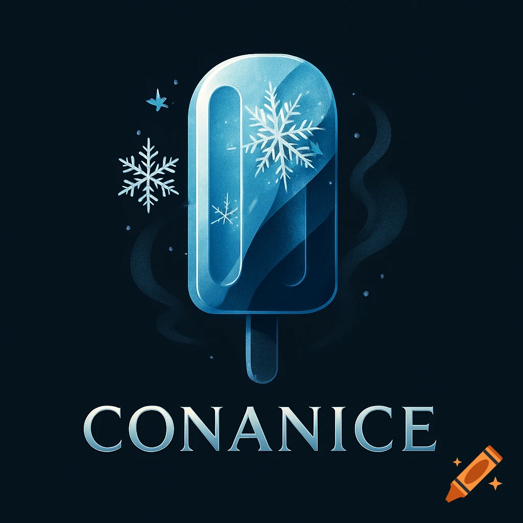 Stylized illustration of a frosty blue popsicle with snowflakes, with the text 'CONANICE' below.