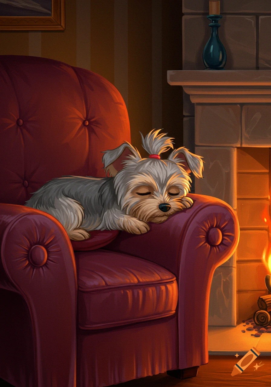 A cute animated Yorkshire Terrier dog sleeps peacefully on a red armchair next to a warm, glowing fireplace in a cozy room.