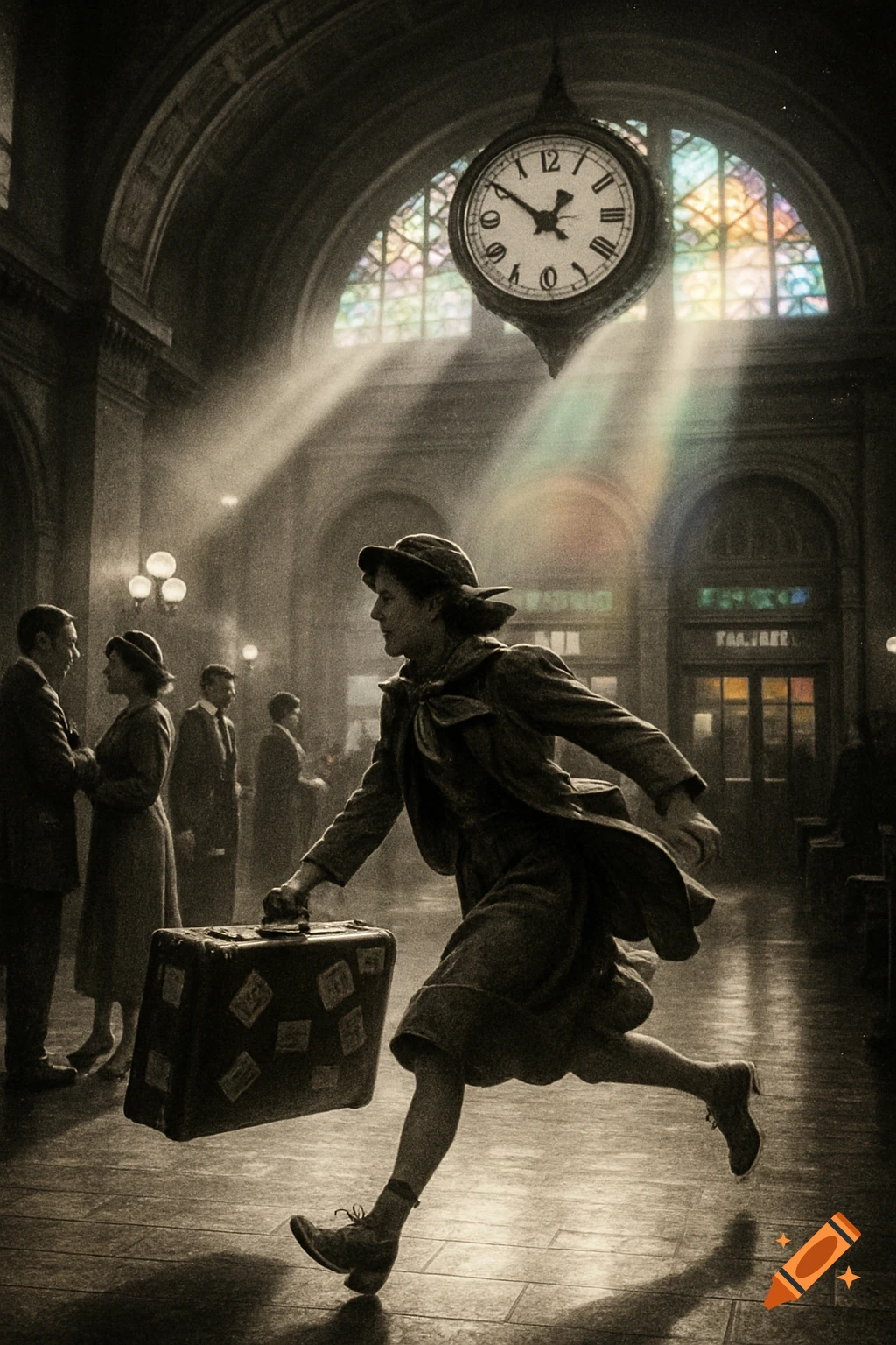 Person running with a suitcase through a vintage train station under a large clock and stained glass window, sepia-toned.