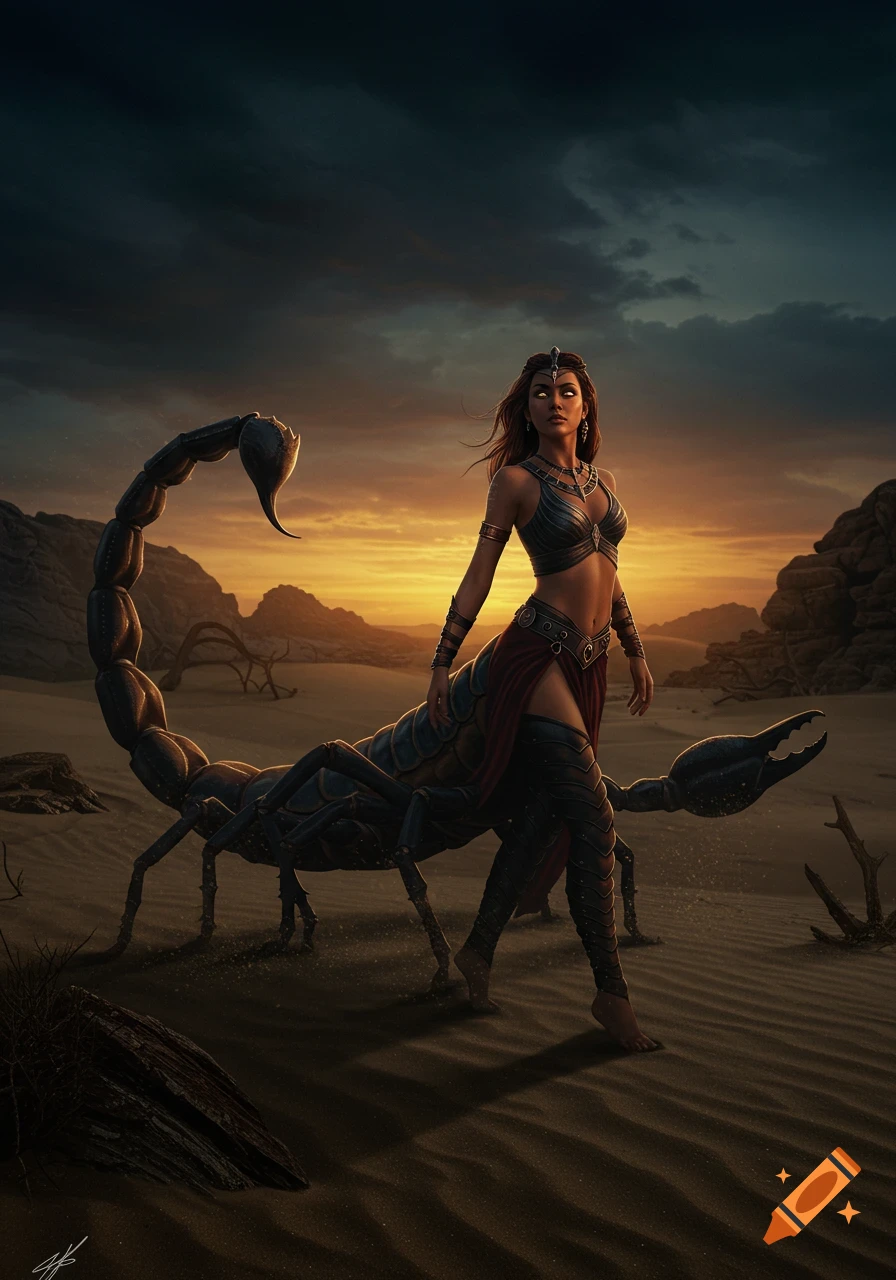 Digital art of a scorpion-woman in a desert landscape, bathed in sunset light.