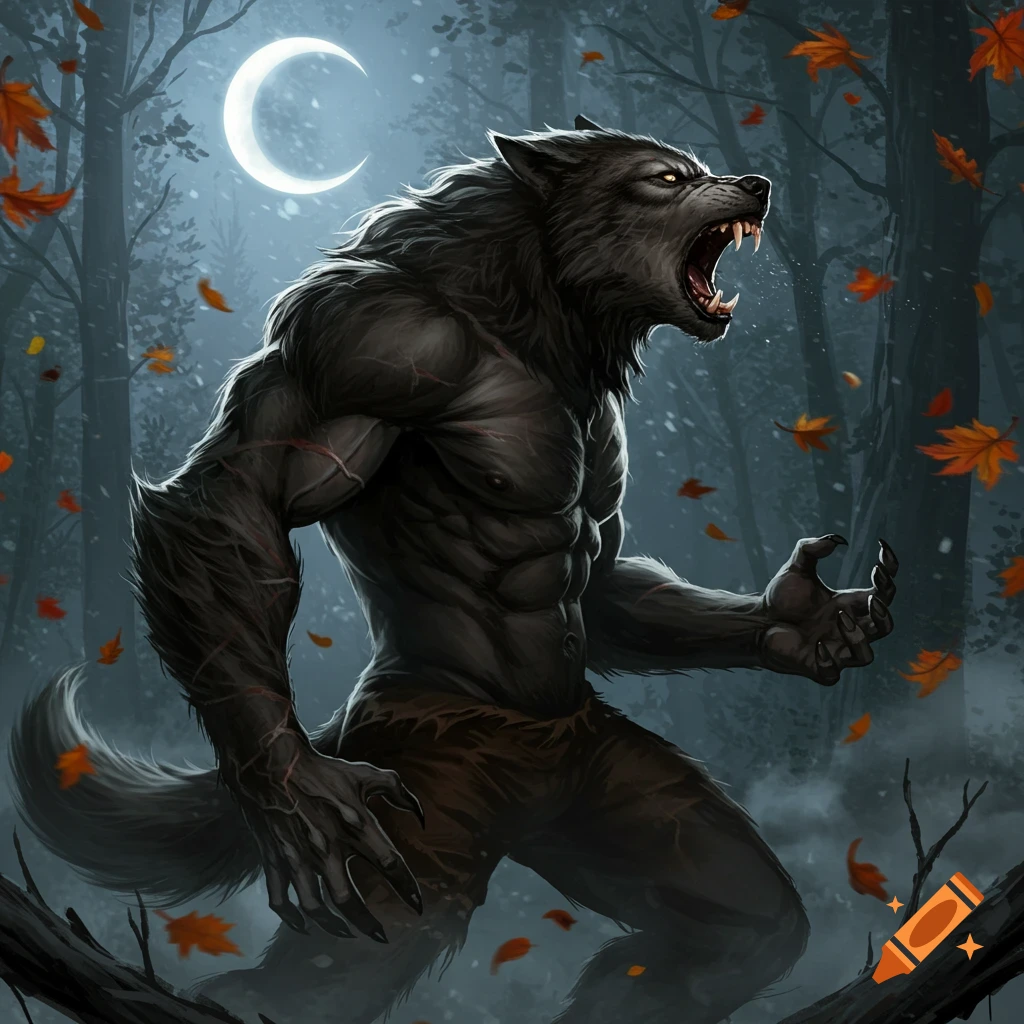 A muscular werewolf with dark fur roars in a dark forest under a crescent moon, surrounded by falling autumn leaves.
