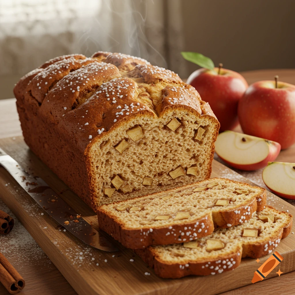 A steaming, sliced loaf of apple bread on a wooden board, with whole and sliced red apples and cinnamon sticks. Photorealistic.