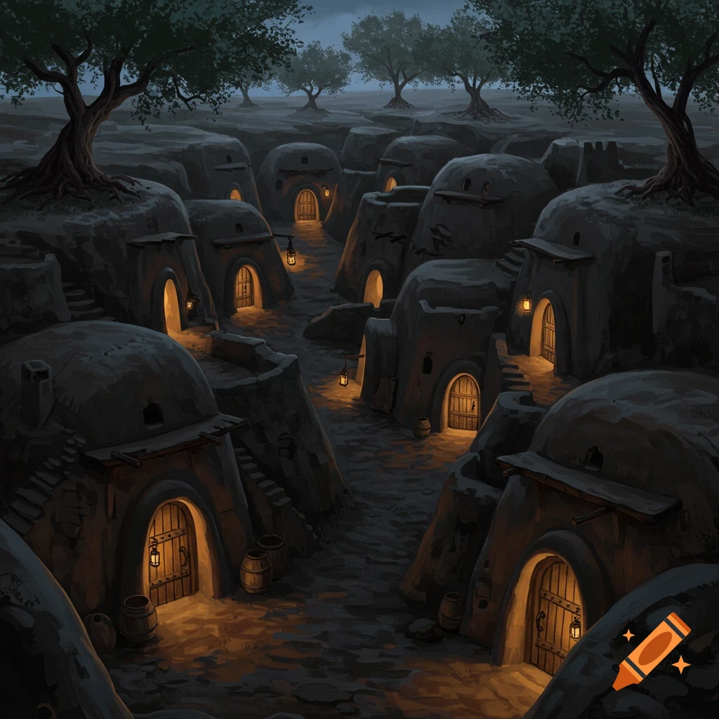 A twilight scene of a village with numerous dome-shaped earthen homes built into hills, warm light emanating from their wooden doors, under dark trees.