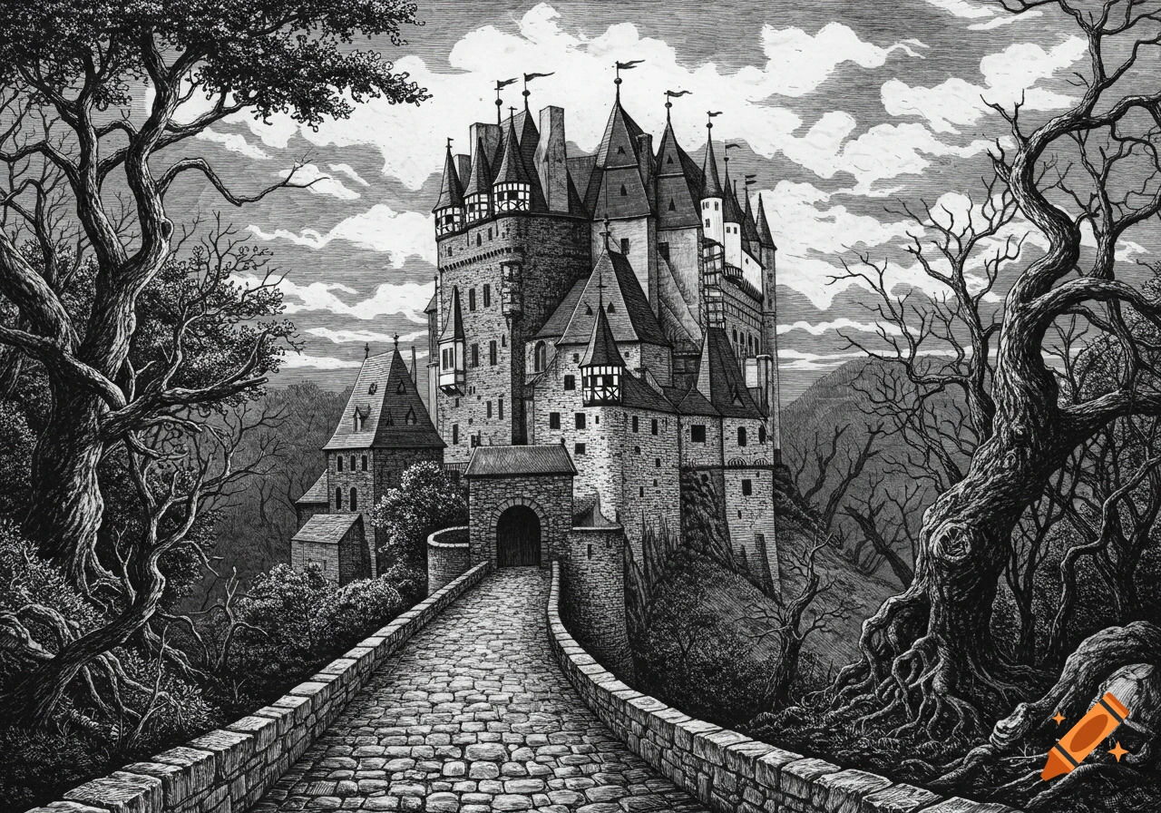 Detailed black and white engraving of a medieval castle on a hill, with a stone path leading to its entrance, surrounded by gnarled trees and a cloudy sky.