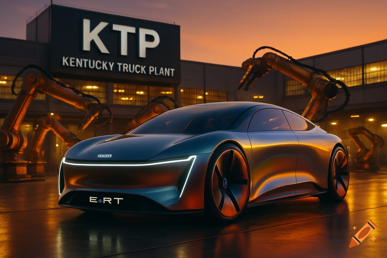 A sleek, futuristic silver car with glowing headlights parked in front of a factory with robotic arms at sunset.