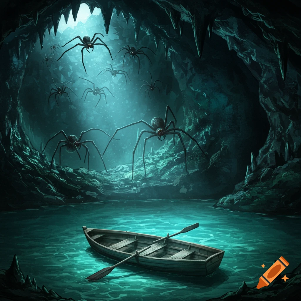 Eerie illustration of a dark cave teeming with giant spiders, with a small boat on glowing blue water.