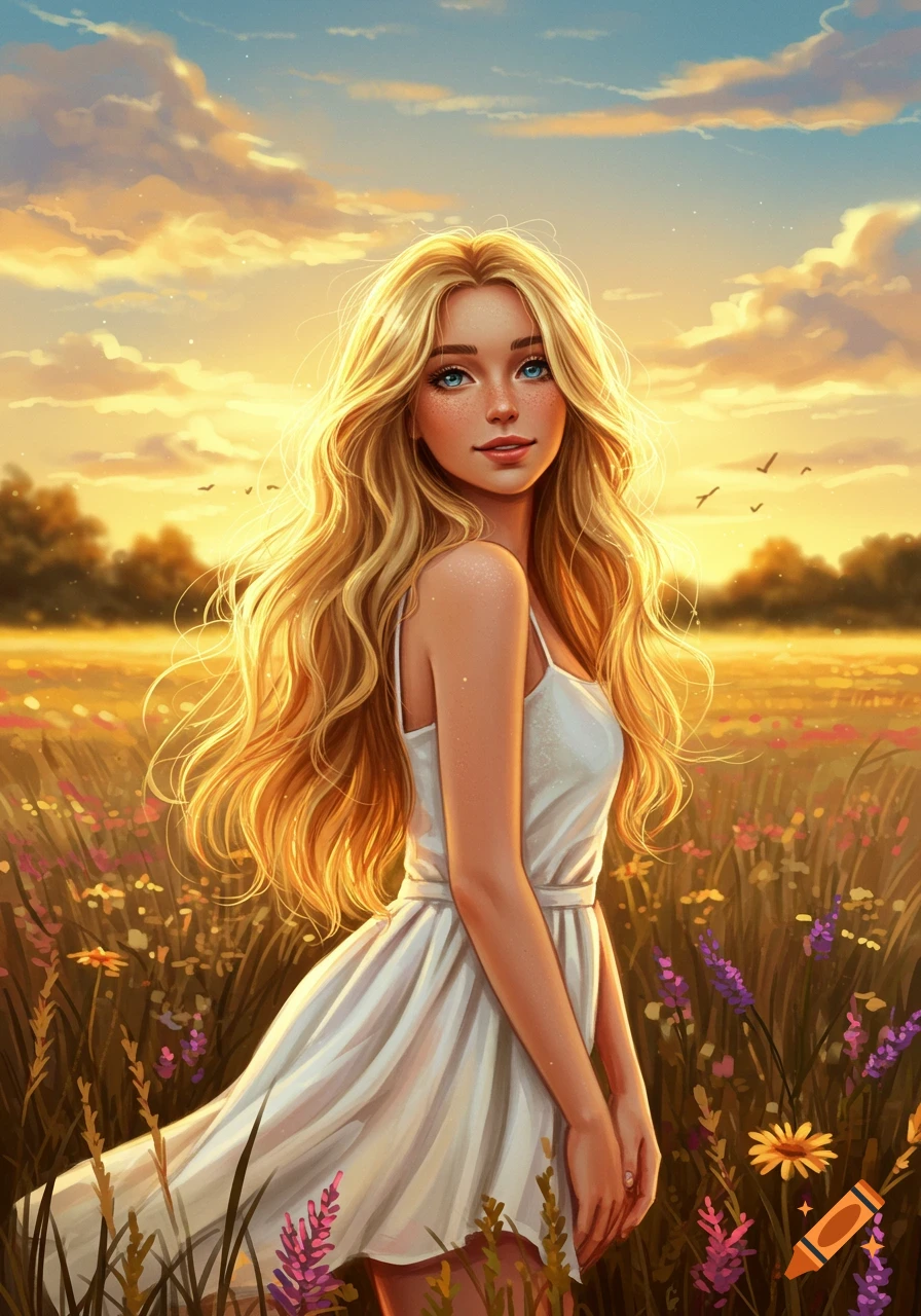 Digital illustration of a blonde woman in a white dress standing in a field of wildflowers at sunset.